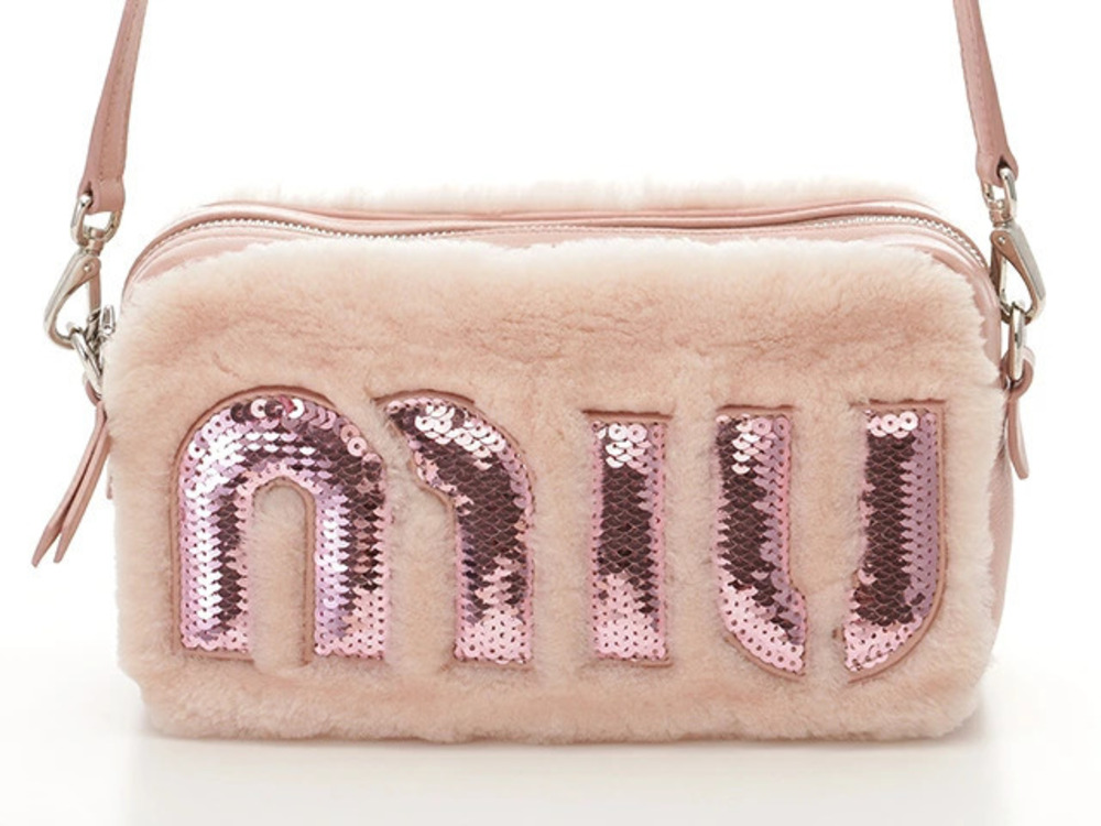 Miu Miu Bag Shoulder Pouch Clutch handle Fur Calf Pink Sequins